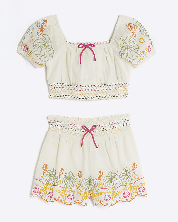 Girls Cream Embroidered Beach Set