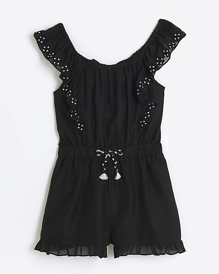 Girls black bow frill playsuit