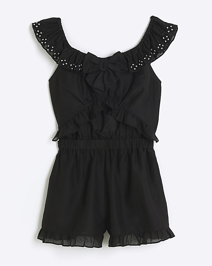 Girls black bow frill playsuit