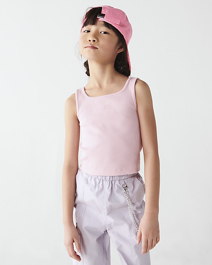 Girls pink rib embroidered logo crop vest