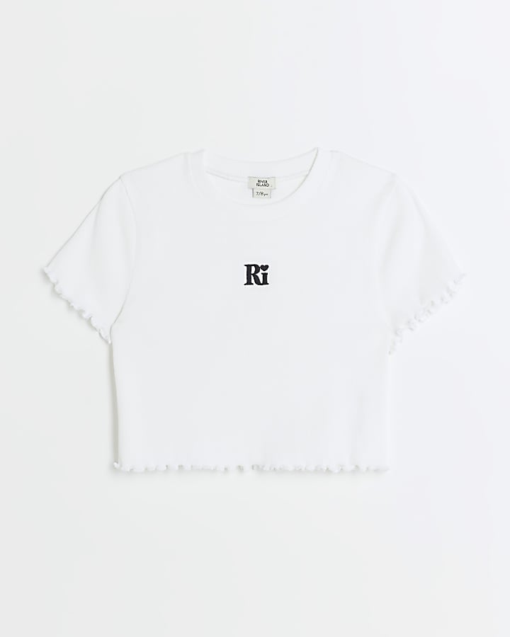 Girls white embroidered logo crop t-shirt