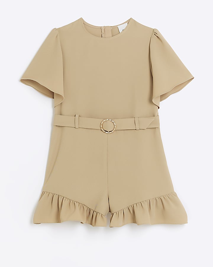 Girls beige short sleeve belted playsuit