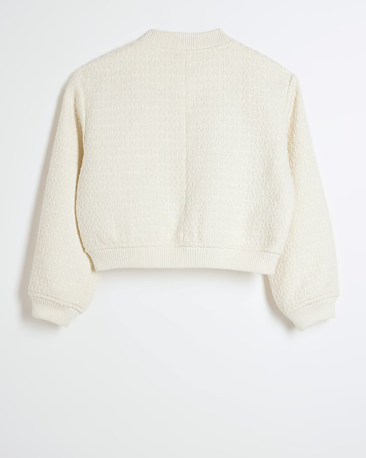 Girls cream boucle smart bomber jacket