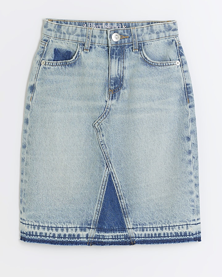 Girls blue patchwork denim midi skirt