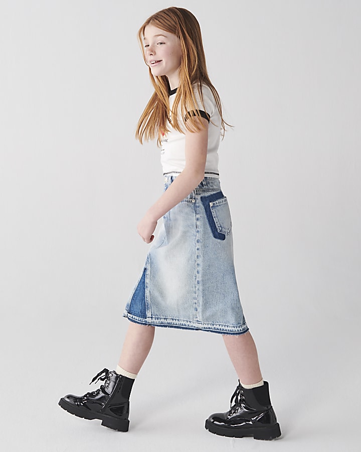 Girls blue patchwork denim midi skirt