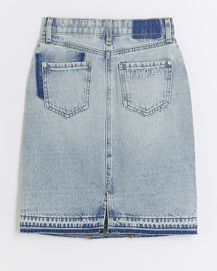 Girls blue patchwork denim midi skirt