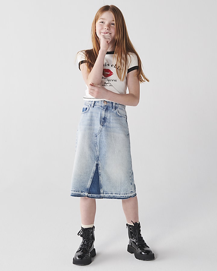 Girls blue patchwork denim midi skirt