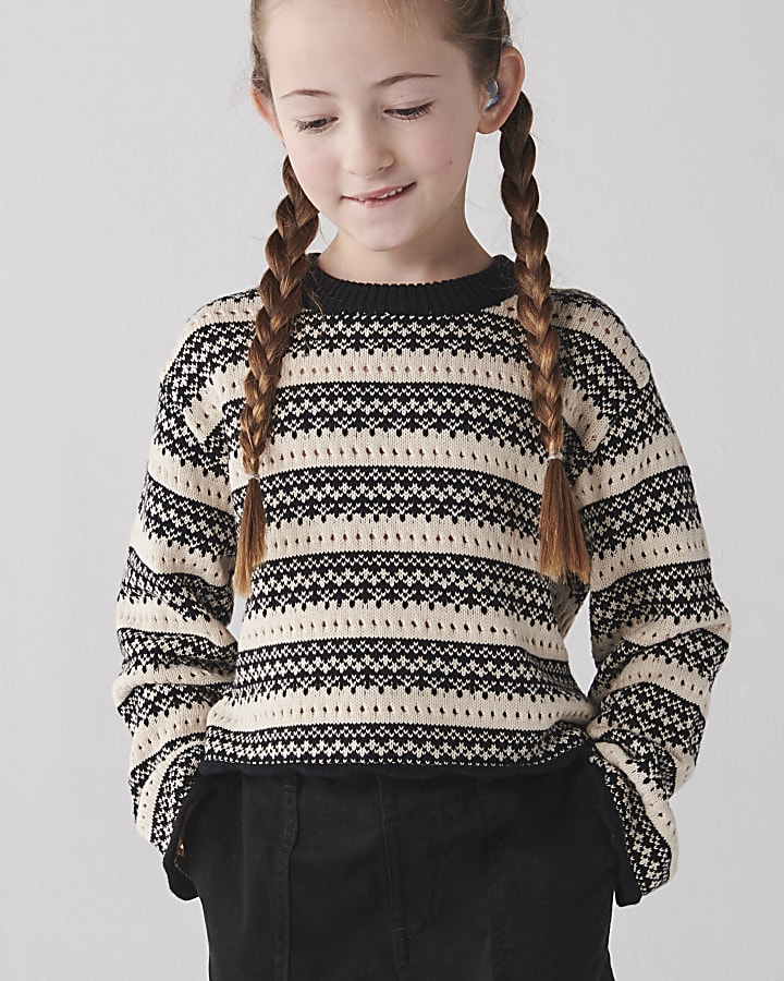 Girls beige stripe knitted crop jumper