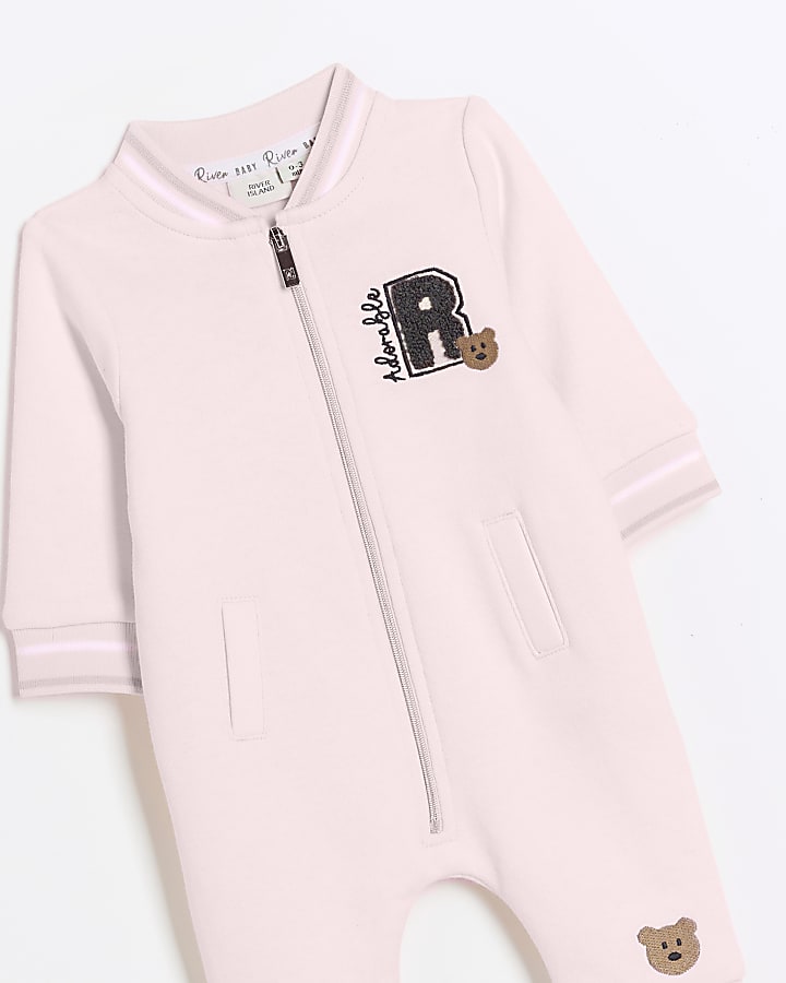 Baby girls pink bear zip up sleepsuit