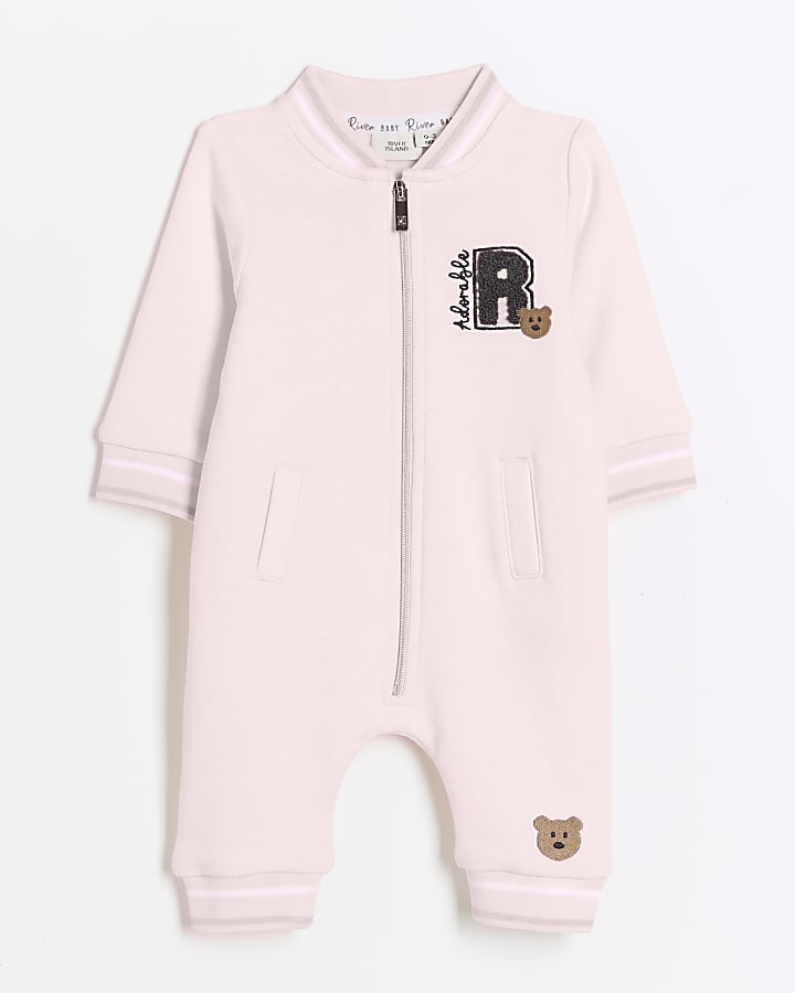 Baby girls pink bear zip up sleepsuit