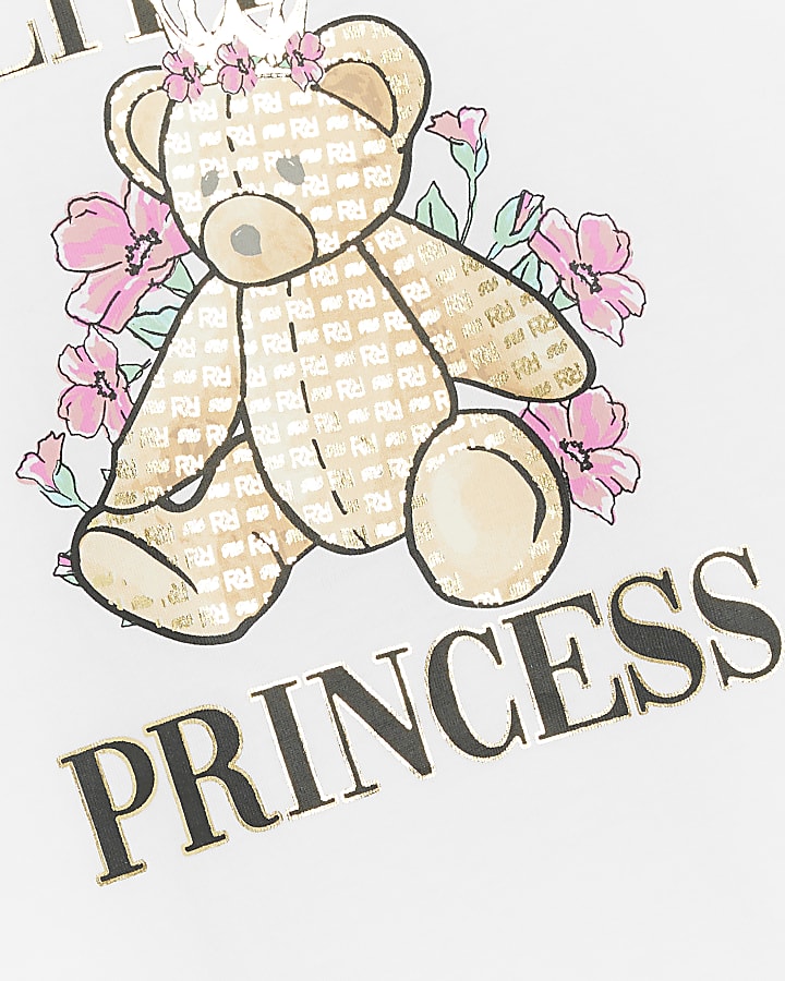 Mini Girls White Floral Bear T-shirt