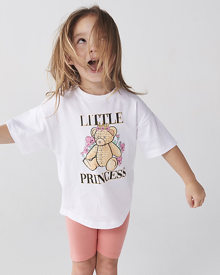 Mini Girls White Floral Bear T-shirt