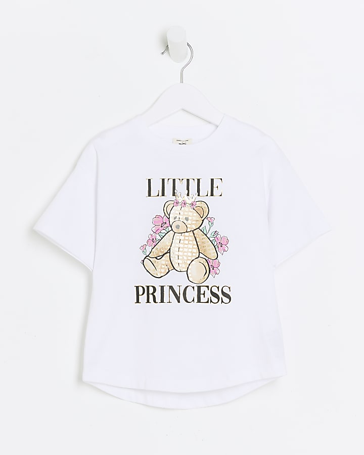 Mini Girls White Floral Bear T-shirt