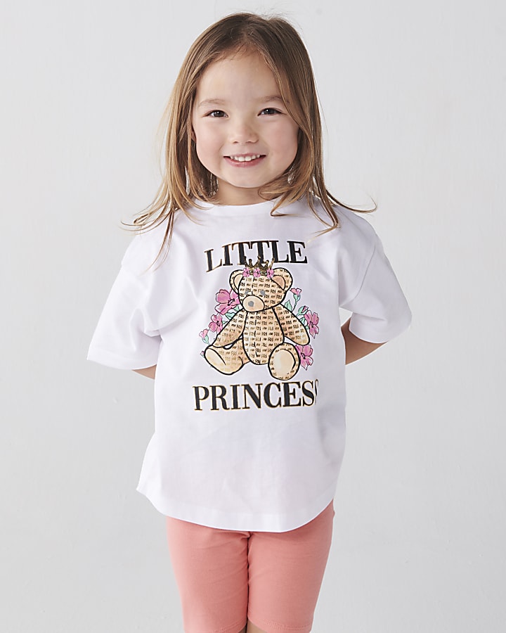 Mini Girls White Floral Bear T-shirt