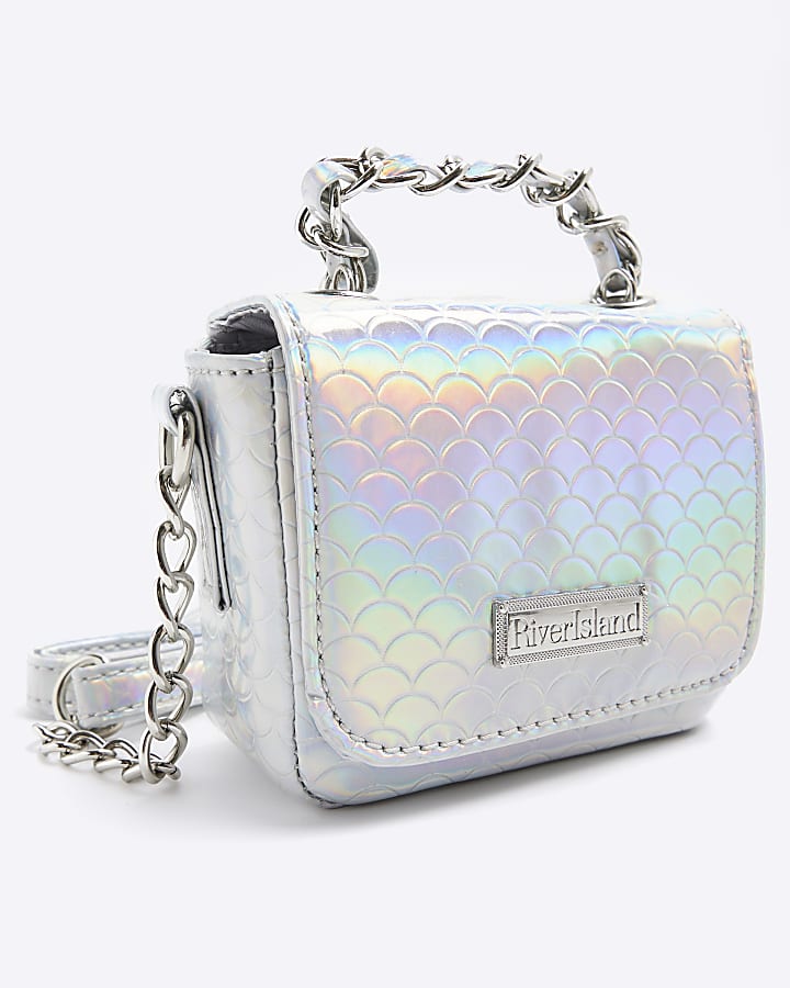 Girls silver iridescent chain cross body bag