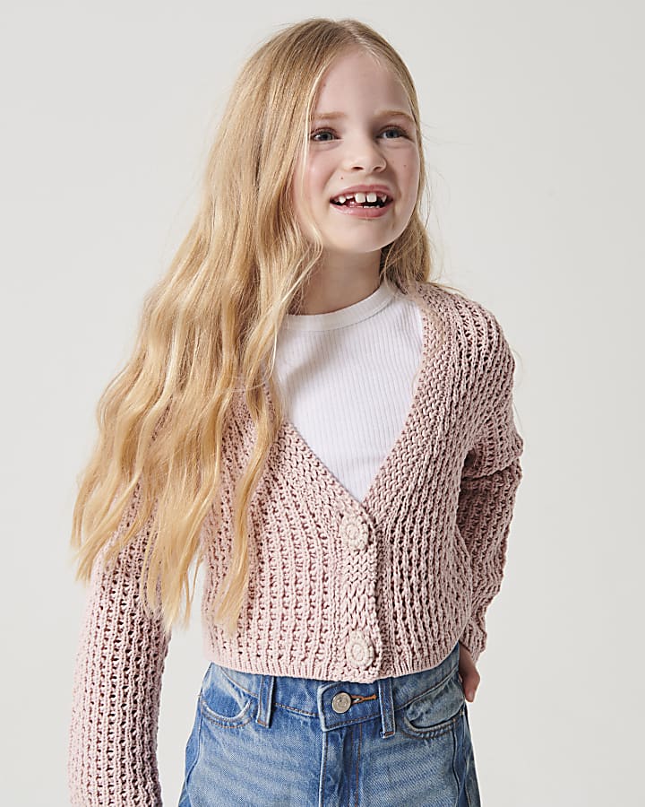 Girls pink crochet crop cardigan