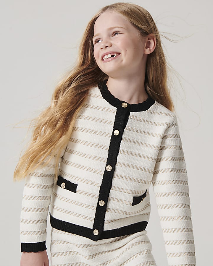 Girls cream boucle stripe cardigan set