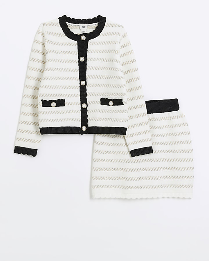 Girls cream boucle stripe cardigan set