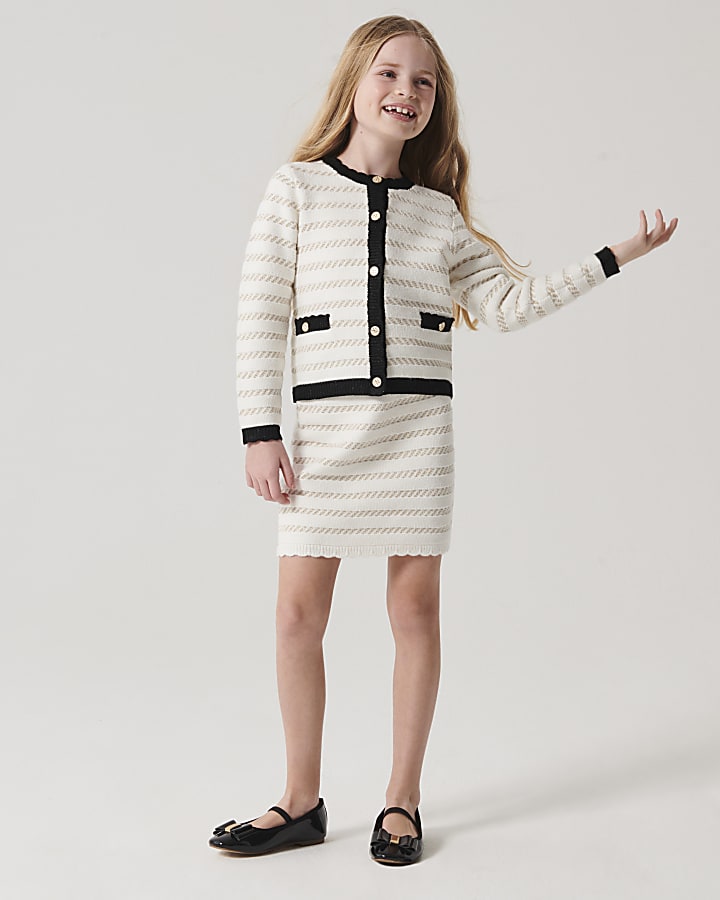 Girls cream boucle stripe cardigan set