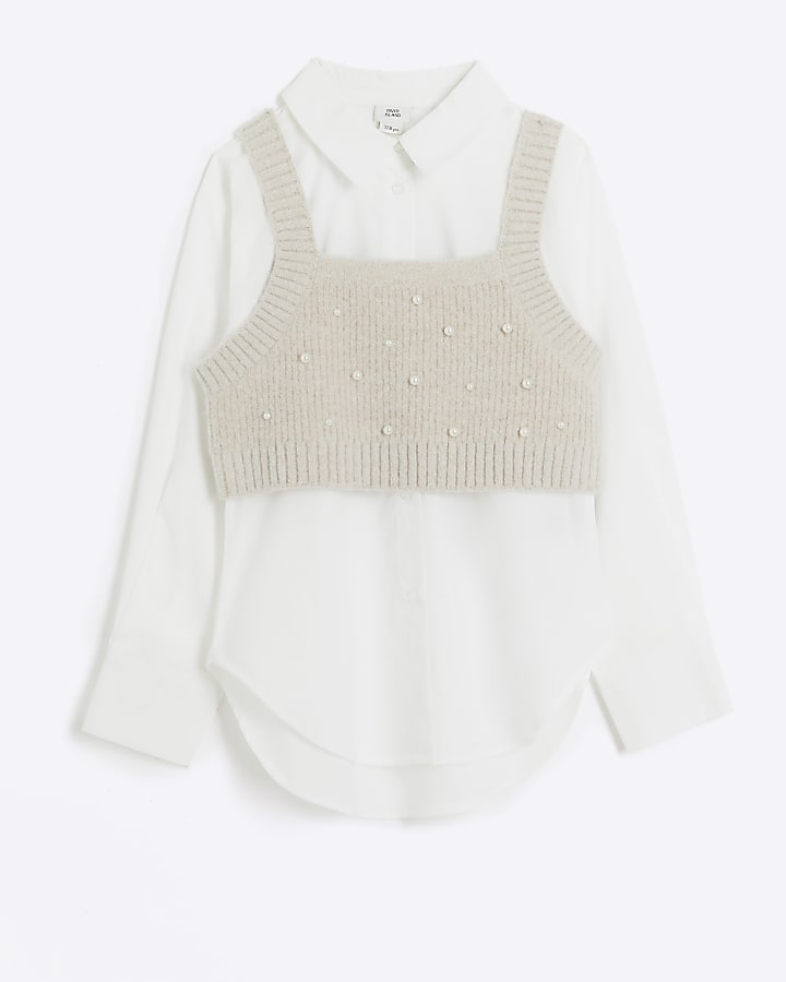 Girls Beige Embellished Knit Top And Shirt