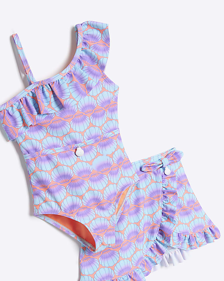 Mini girls coral shell swimsuit and skirt set