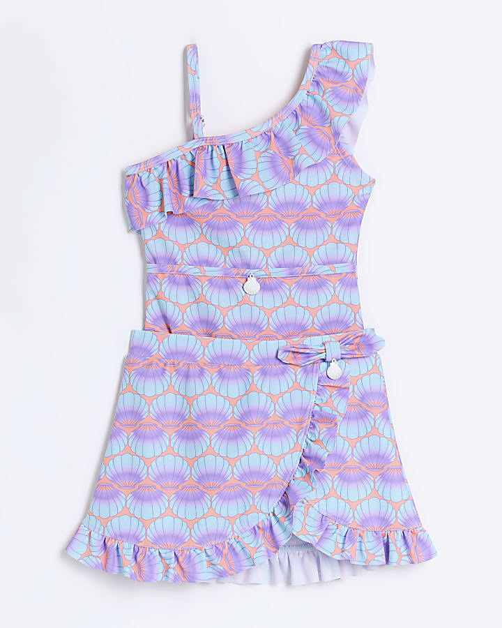 Mini girls coral shell swimsuit and skirt set