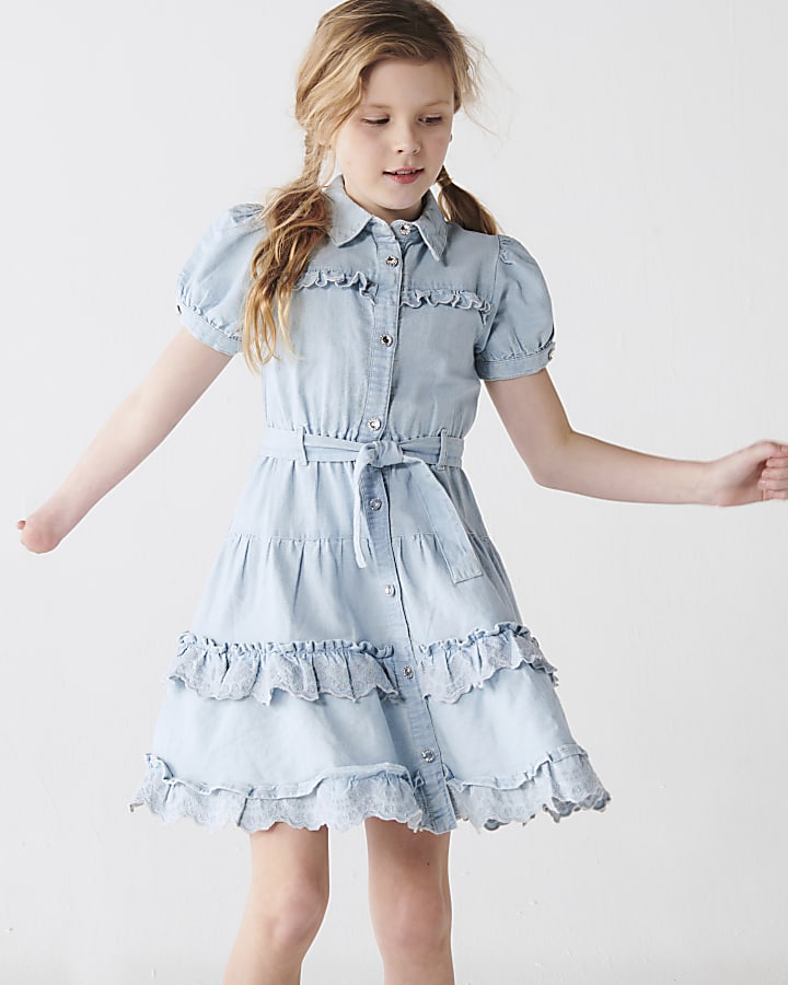 Girls denim tiered shirt dress