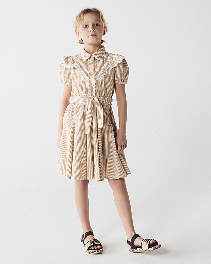 Girls beige stripe lace trim shirt dress | River Island 