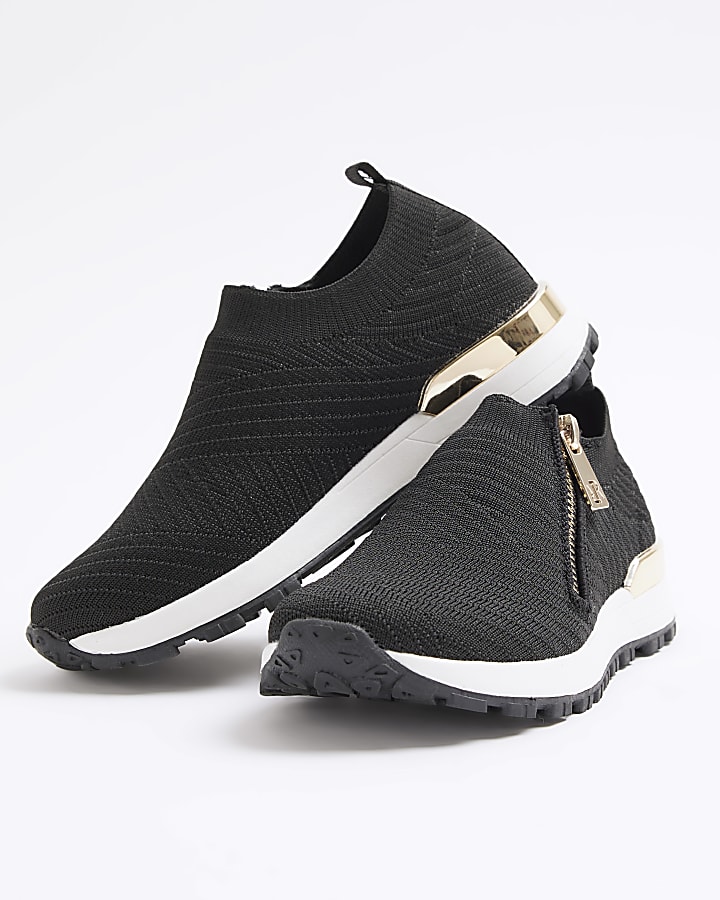 Girls black knit side zip trainers