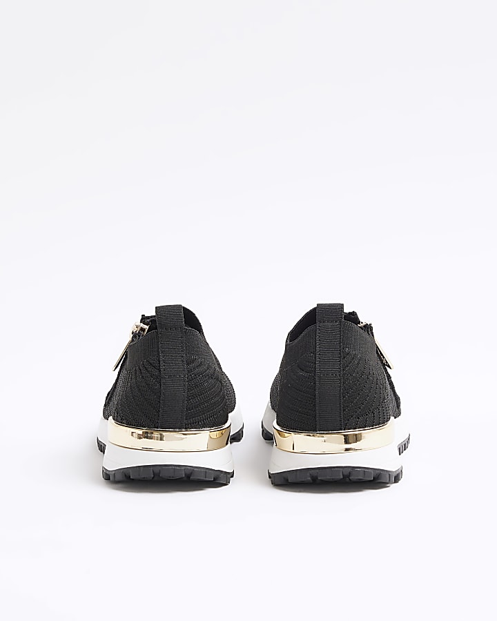 Girls black knit side zip trainers