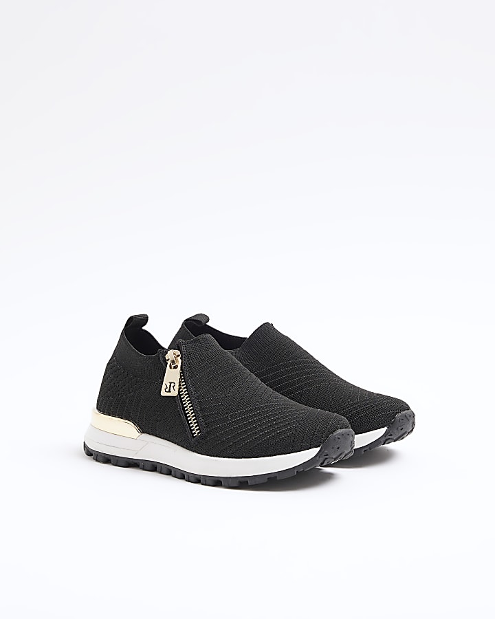 Girls black knit side zip trainers