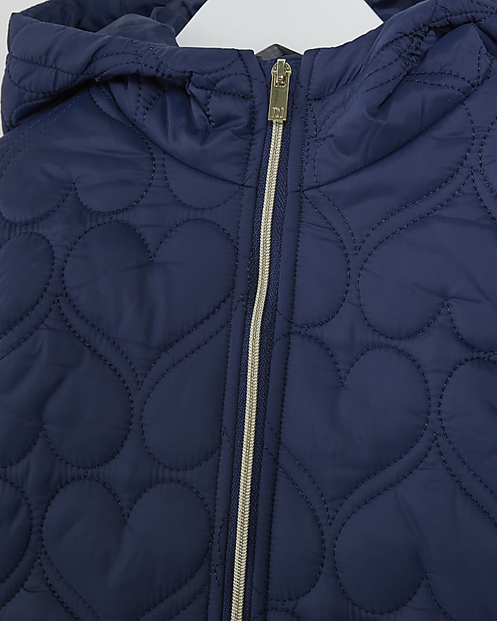 Mini girls navy Padded Heart Quilted Coat