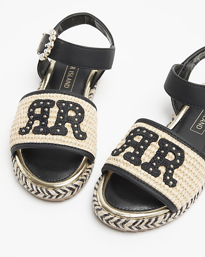 Girls black raffia espadrille sandals