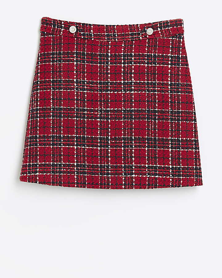 Girls red boucle check skirt River Island