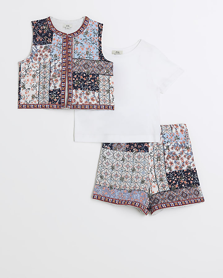 Girls pink floral patchwork waistcoat set