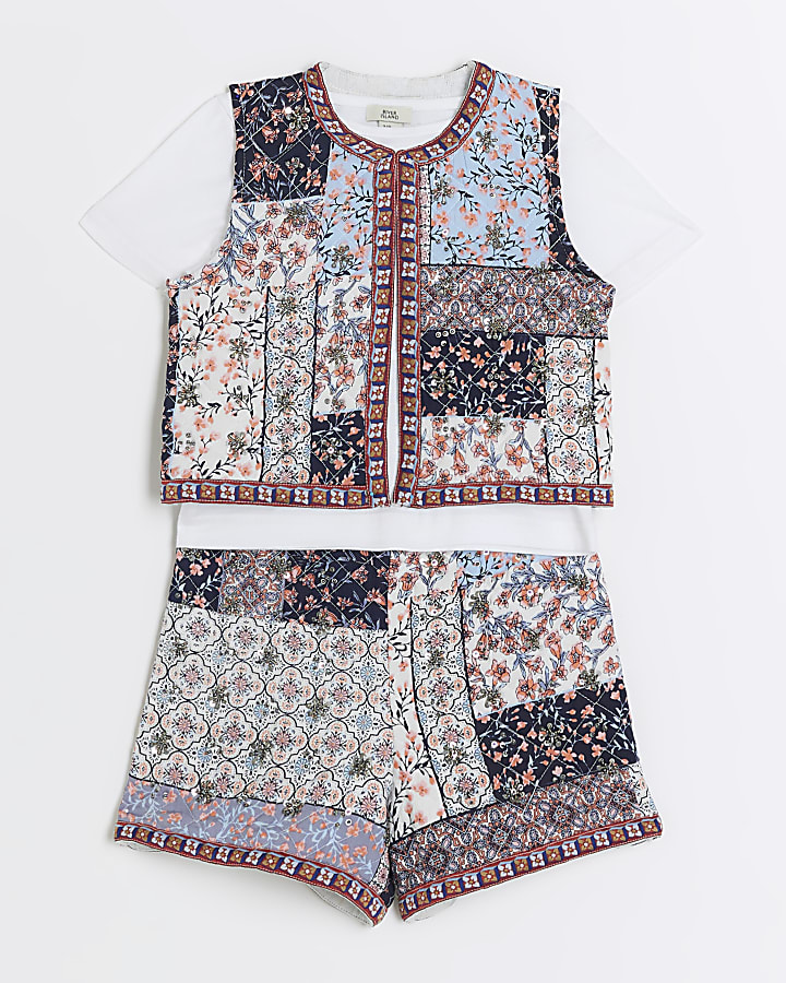 Girls pink floral patchwork waistcoat set