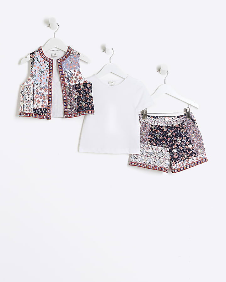 Mini girls floral print waistcoat 3 pack set