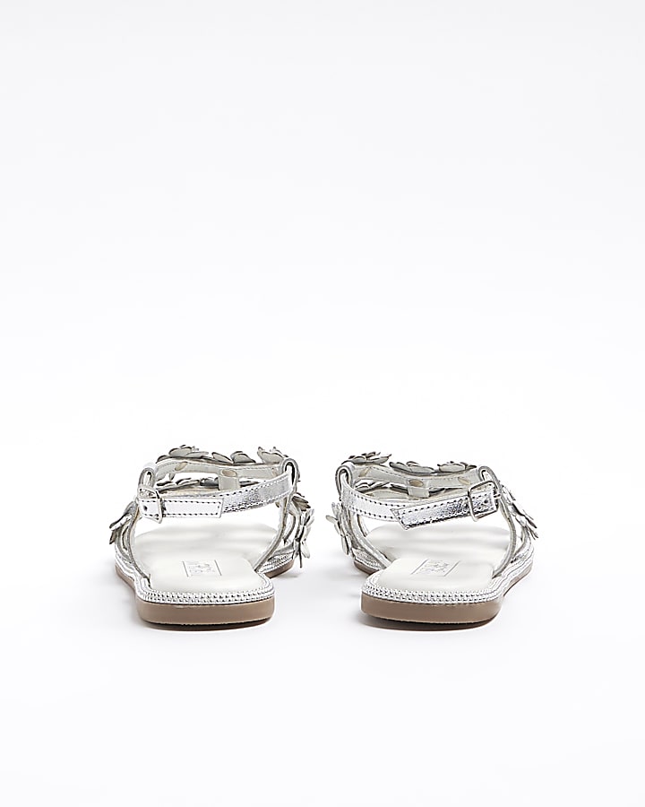 Girls silver leather flower flat sandals