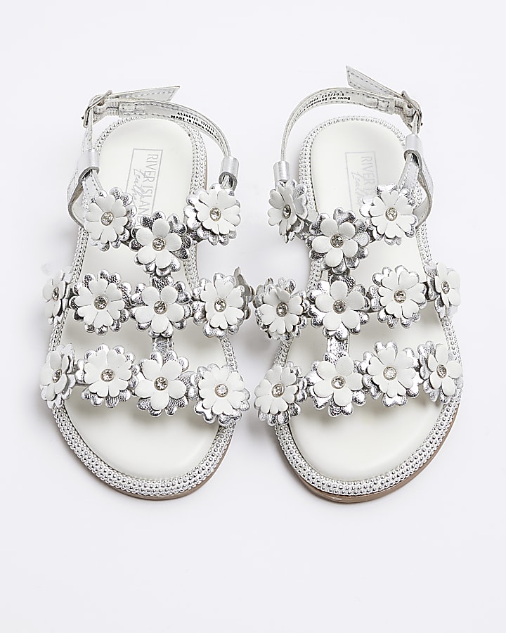 Girls silver leather flower flat sandals