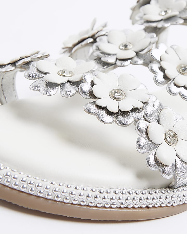 Girls silver leather flower flat sandals