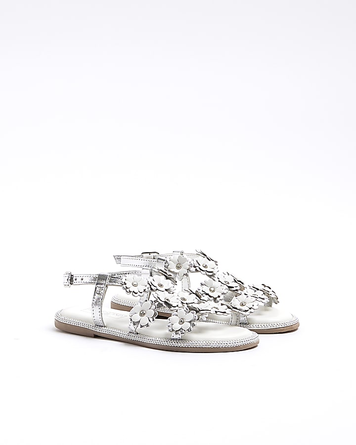 Girls silver leather flower flat sandals