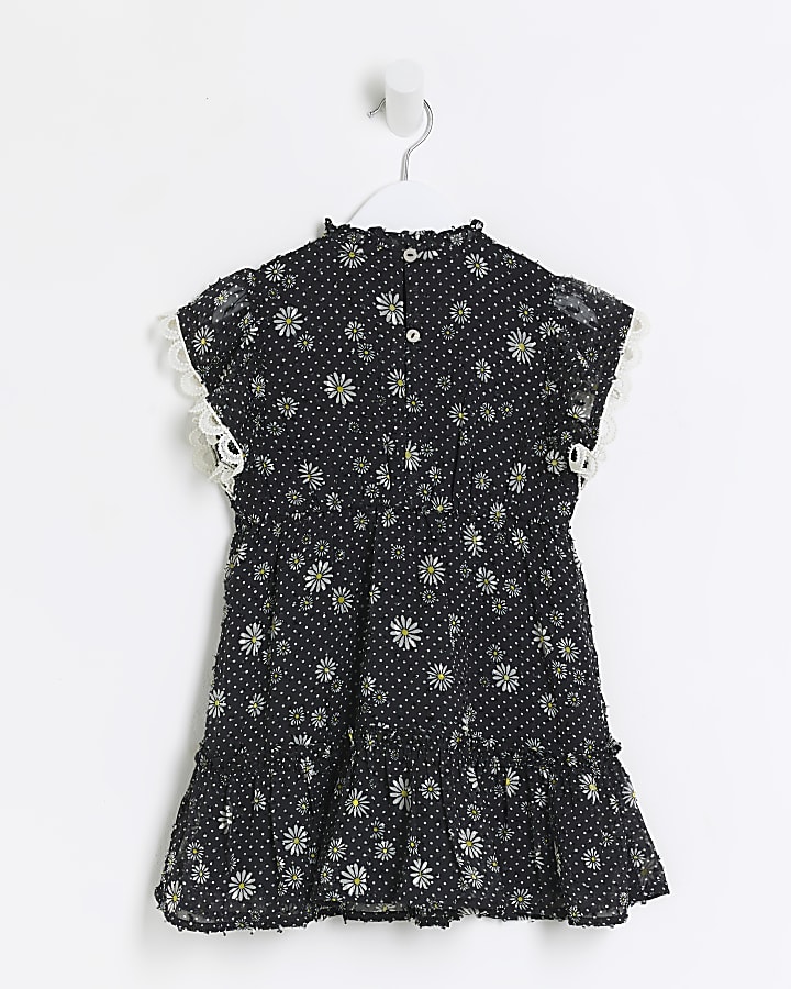 Mini girls black floral lace trim dress