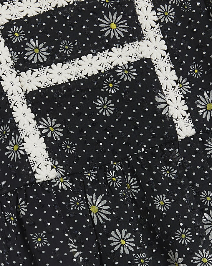 Mini girls black floral lace trim dress