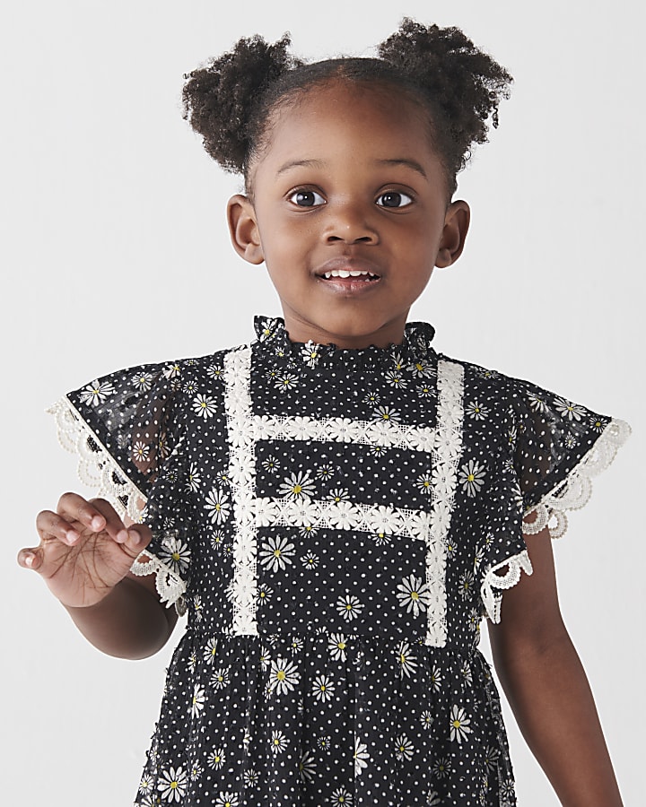 Mini girls black floral lace trim dress