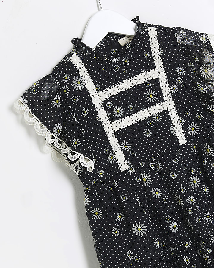 Mini girls black floral lace trim dress