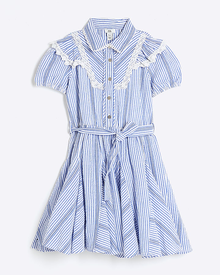 Girls blue stripe belted shirt dress