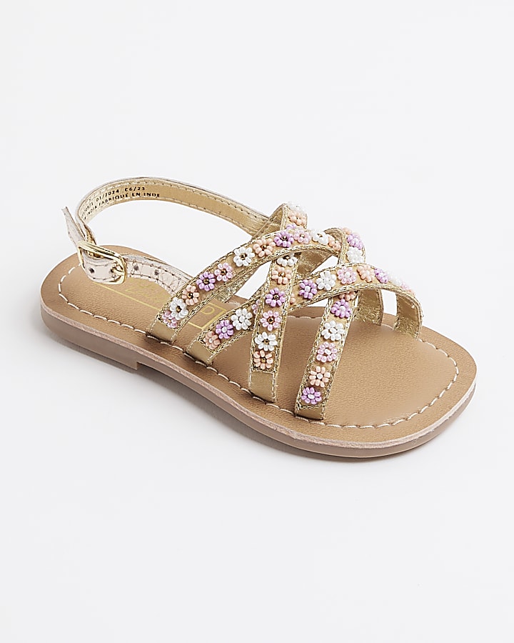 Mini girls brown flower bead sandals