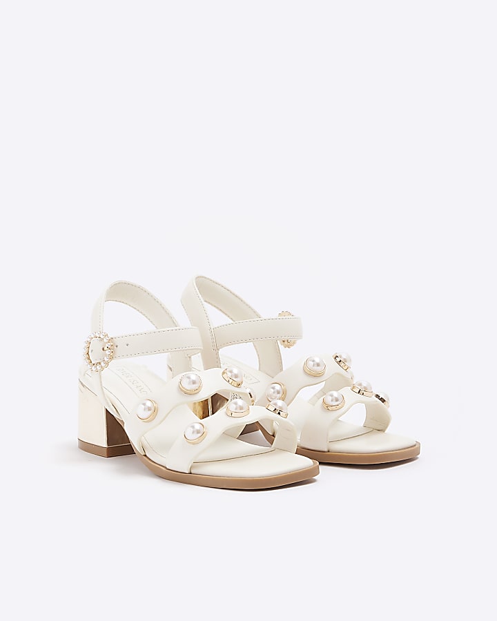 Girls cream pearl heeled sandals