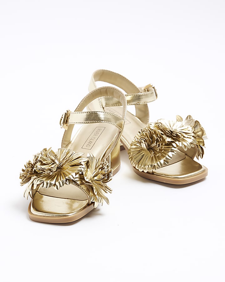 Girls gold flower strap heeled sandals