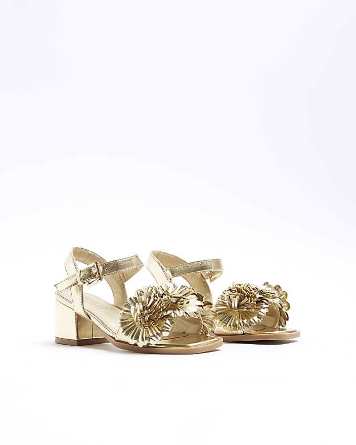 Girls gold flower strap heeled sandals
